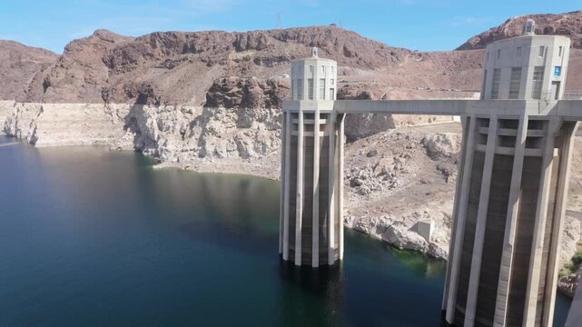 The Penstock Towers at the Hoover Dam on the Arizona side, descending into Lake Mead.