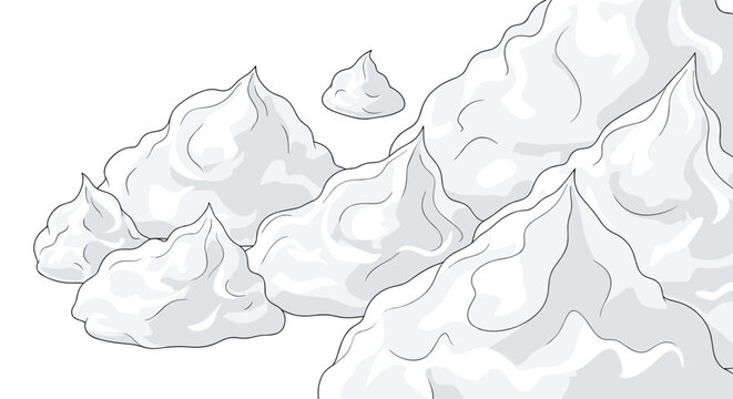 Soft white mounds of whipped cream or meringue peaks shown in a close up view for food photography or dessert concepts.
