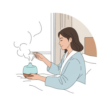 Vector illustration of a young woman in a blue robe sitting on a bed, using a glass dropper to add essential oils to an electric ultrasonic aromatherapy diffuser with steam.
