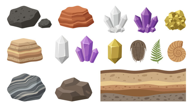 Geological mineral and rock classification set with crystals and fossils for science education