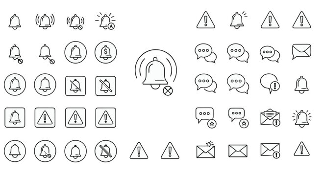 Notification and alert message icons with bells warning signs chat bubbles and mail symbols.
