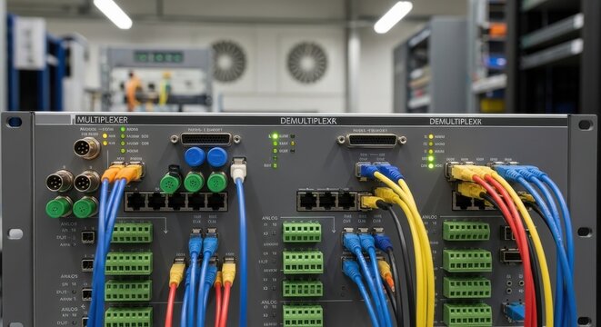 Industrial Data Multiplexer and Demultiplexer Unit with Connected Cables