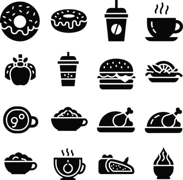 Set of black food and drink icons featuring burgers donuts coffee cups roast chicken and healthy salad meal options
