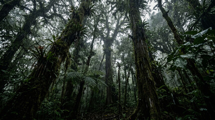 Fototapeta premium Mystical Cloud Forest Canopy with Epiphytes and Mist