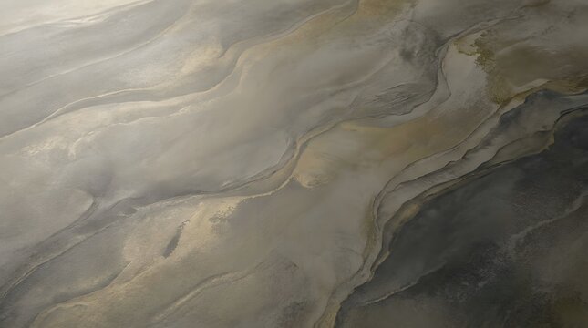 Aerial view of a river delta with swirling muddy waters and a mix of gray, brown, and black hues.