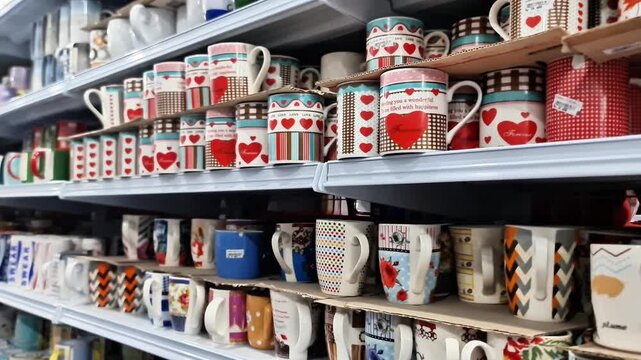 Sidoarjo, Indonesia - 4 May, 2026: Colorful Assortment of Ceramic Coffee Mugs on Retail Store Shelves Kitchenware Display