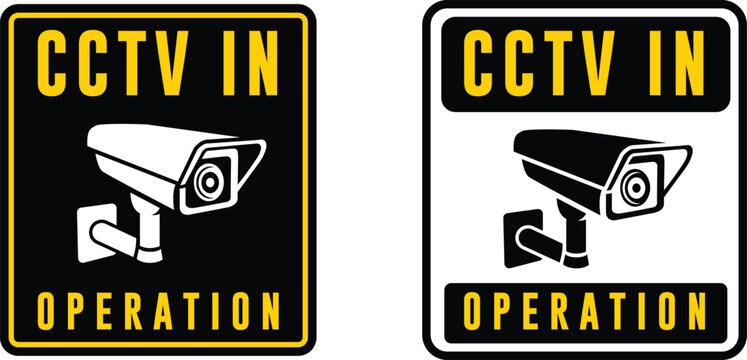 CCTV in operation security sign set. Video surveillance warning notice for property protection. Black and yellow security camera icon sticker. Vector illustration isolated on white.