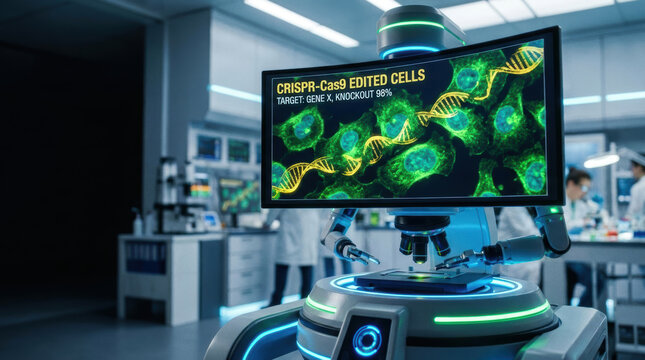 CRISPR gene editing technology biotechnology advances medicine and biohacking by targeting cells for precise genetic modifications futuristic lab