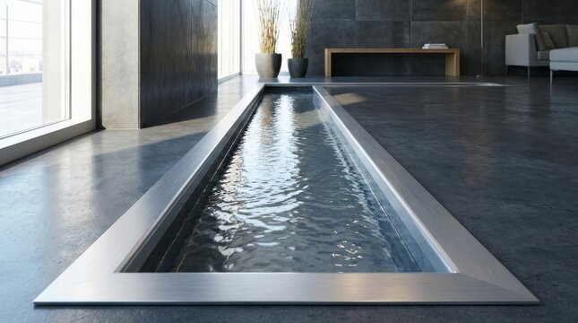 Sleek modern interior featuring a reflective water channel with brushed aluminum trim and natural stone walls, creating a serene ambiance.