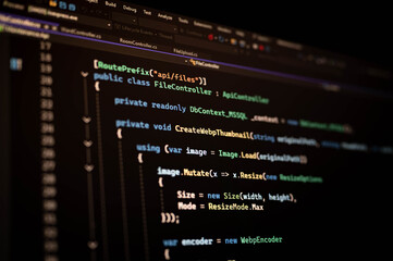 Fototapeta premium Close up of backend API source code on computer screen in dark mode editor. Software engineering, web development, database integration, programming technology and modern developer workspace concept.