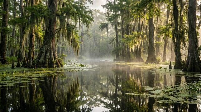 Serene Wetland Ecosystem with Ancient Trees and Floating Vegetation