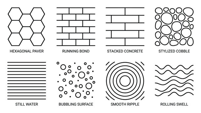 Set of 8 vector patterns for landscape design and textures with 4 paving and 4 water effects.
