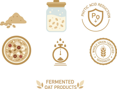 Fermented Oat Products Icon Set for Healthy Nutrition, Whole Grain and Phytic Acid Reduction