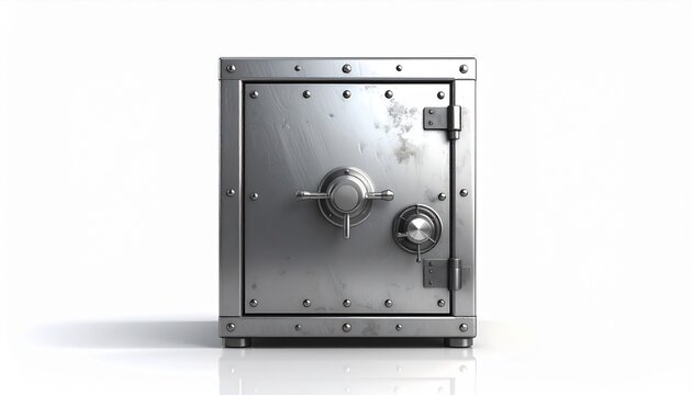 A shiny metal safe with a combination lock and dial on the front is standing alone on a reflective surface.