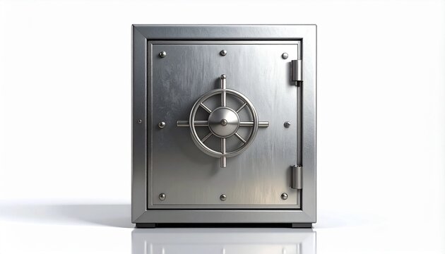 A secure metal safe with a round dial and handle is closed on a reflective white surface in a clean environment.