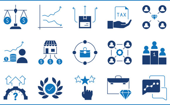 A set of icons related to Business Value. Business, growth, brand, class, level, award, top, packages, and so on.