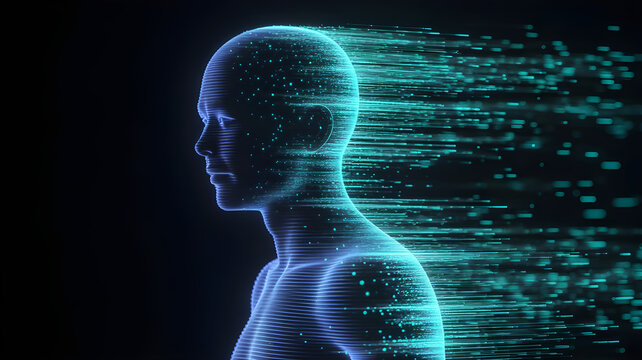 Abstract human silhouette dissolving into glowing digital particles, data fragments floating in dark space, futuristic identity concept, blue and cyan neon glow, ultra detailed, cinematic sci-fi style