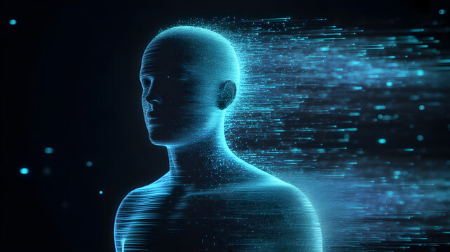 Abstract human silhouette dissolving into glowing digital particles, data fragments floating in dark space, futuristic identity concept, blue and cyan neon glow, ultra detailed, cinematic sci-fi style