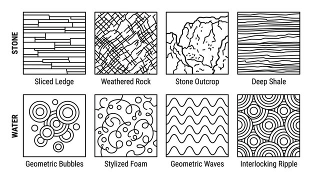 Stone and water textures collection with detailed natural and abstract designs for backgrounds.