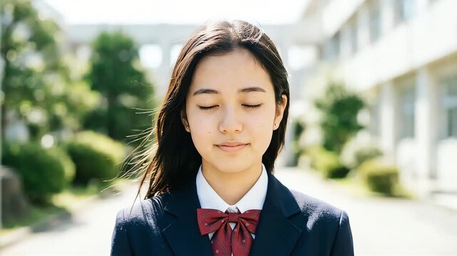 学校の校舎を背景に目を閉じて風に吹かれる女子学生