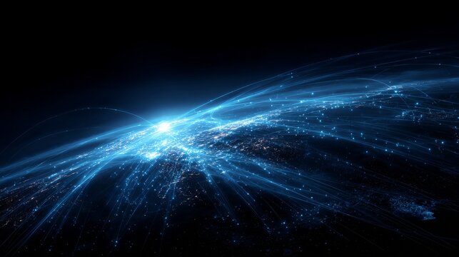 Abstract satellite data transmission concept background glowing blue network over earth globe with digital connection lines and light trail on dark space