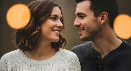Naklejka premium A white woman with long brown hair and a white man with short brown hair are smiling at each other outdoors with the background blurred