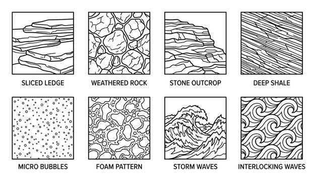 Variety of textured patterns abstract and natural stone and water designs for creative backgrounds.