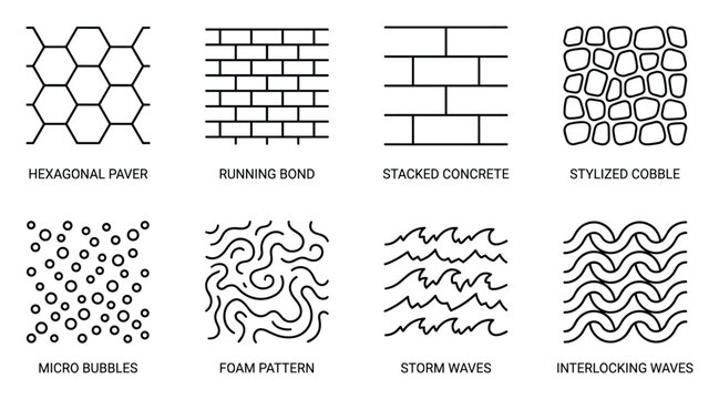 Vector illustration set of 8 paving textures and fluid motion patterns for design.
