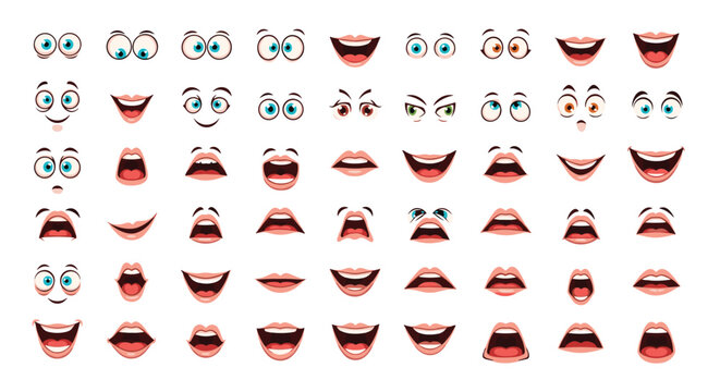 Fun collection of various cartoon character eyes and mouths with different expressions like happy, sad, surprised, and angry.