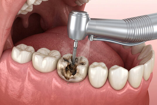 Close-Up Dental Drill Procedure Treating Tooth Decay