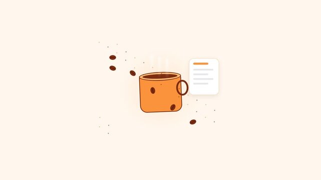 Minimalist illustration of a warm orange coffee mug surrounded by scattered coffee beans and a small note icon, evoking a cozy break or focused work session