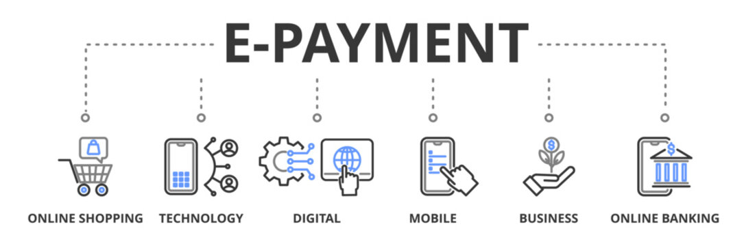 E-Payment banner vector illustration concept with icon of online shopping, technology, digital, mobile, business and online banking