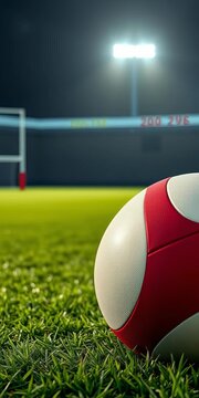 Rugby ball positioned on a green turf field, set for an exciting team sport encounter,  ball,  sports field