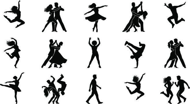 Dance silhouettes collection with couples and solo dancers performing jumping spinning and dynamic poses