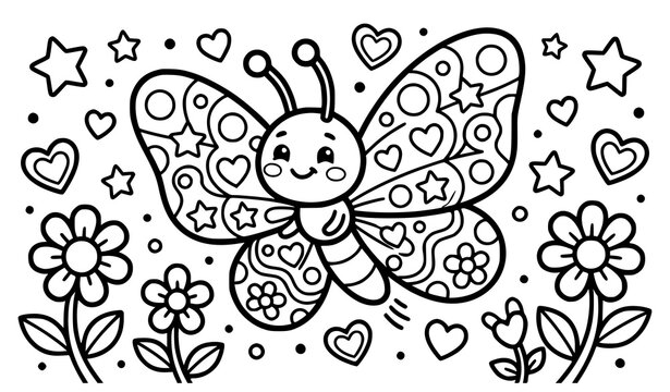 Cute butterfly coloring page vector for kindergarten kids printable cartoon activity sheet