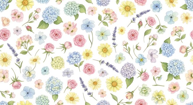 Colorful floral pattern with various flowers.