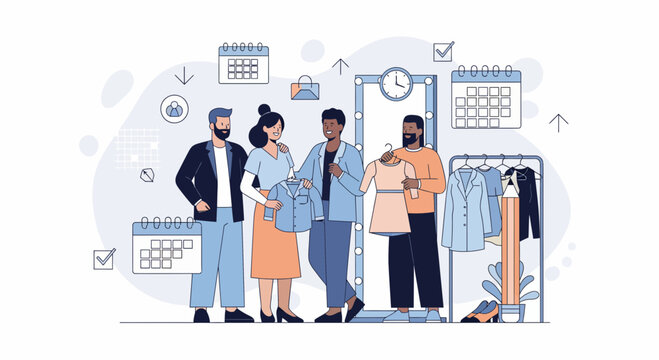 A group of diverse people choosing new clothes in a boutique fashion shop fitting room