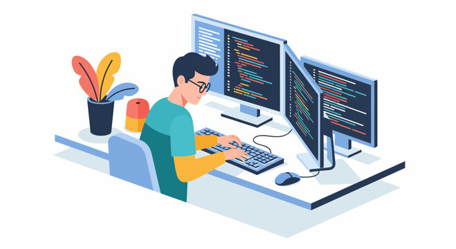A dev on pc with screens for code in office at home for web apps