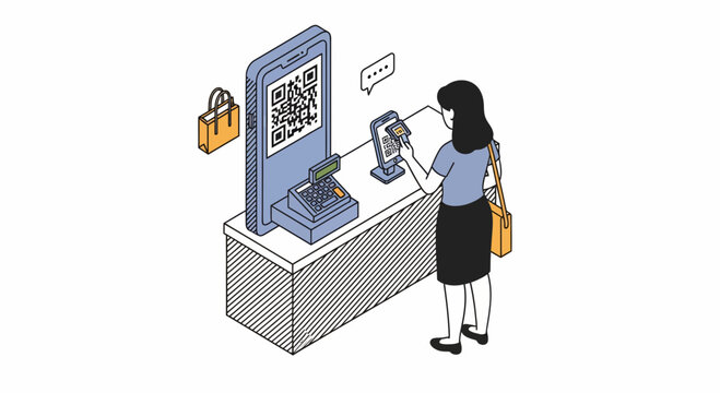 Modern Young Woman Using Smartphone To Scan QR Code For Digital Mobile Payment At Counter