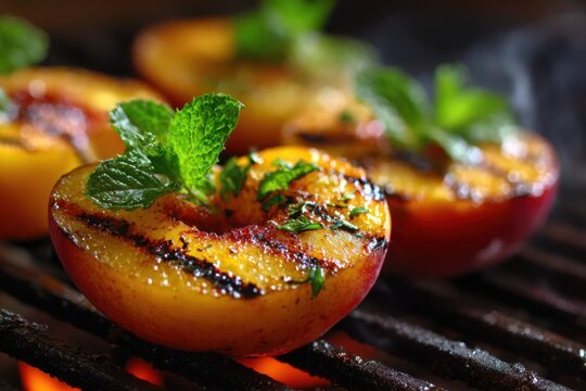 Close-up of grilled peach halves with mint garnish on a barbecue grill with visible char marks and smoke