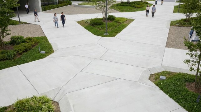 Modern urban walkway featuring interlocking concrete slabs and geometric design with people walking