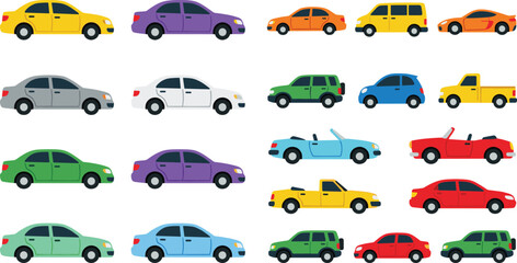 Naklejka premium Colorful Cartoon Car Collection - Flat Design Illustrations of Various Vehicles in Bright Colors Including Sedan, SUV, Truck and Convertible Models