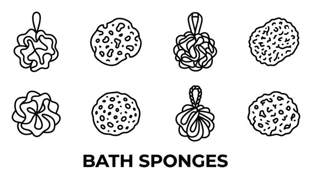 Collection of eight bath sponge outlines and line art styles for personal care and bathroom accessories.
