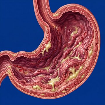 Phlegmonous Gastritis (Severe Infection): A dramatic, detailed view of a severely swollen and purulent stomach wall, showing signs of deep bacterial infection and pus formation throughout the tissue l