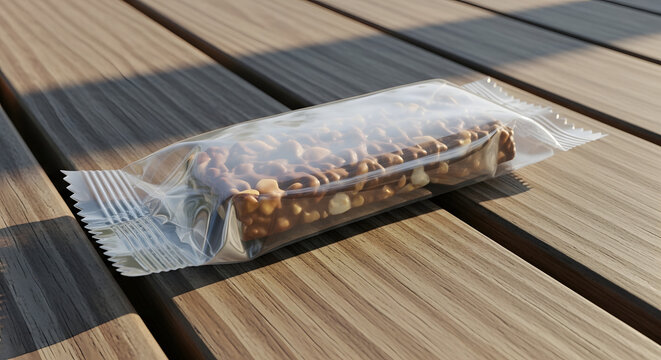 Deliciously healthy snack bar, sealed in clear plastic packaging, resting on a wooden surface