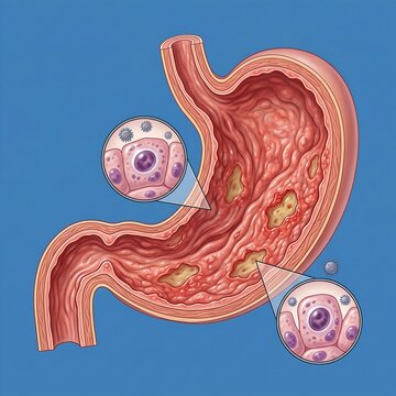 CMV Gastritis (Viral Infection): A conceptual, detailed illustration of the stomach lining showing multiple large, shallow ulcers and generalized inflammation caused by Cytomegalovirus infection. Blue