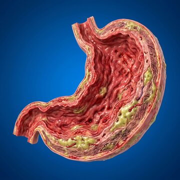 Phlegmonous Gastritis (Severe Infection): A dramatic, detailed view of a severely swollen and purulent stomach wall, showing signs of deep bacterial infection and pus formation throughout the tissue l