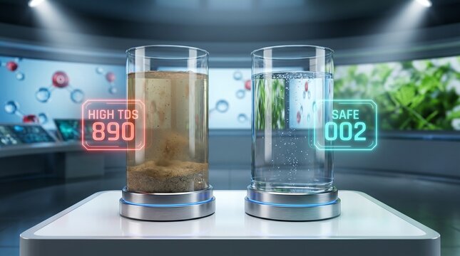 Two glass beakers on a white table comparing safe and unsafe water with tds levels