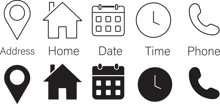 including high-quality illustration symbols for time management and map pins. Time, address, and date icon vector in flat style communication, date, element
