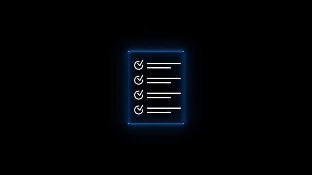 Blue neon outline of a document with five horizontal lines and checkmarks indicating a completed task list or checklist against a dark background